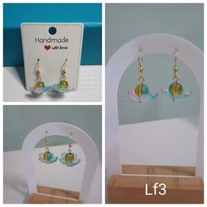 Lotus Flower Earrings Blue Purple Gold Petals with Crackle Glass Beads